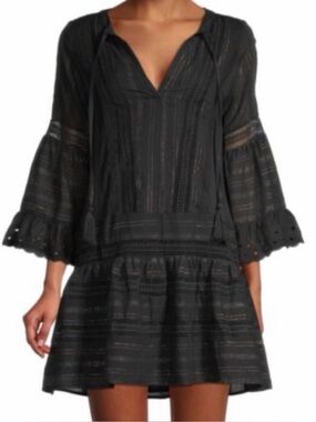 Allison NY Tunic Dress Size S Black Metallic Stripe Lace Trim Boho Chic Peasant